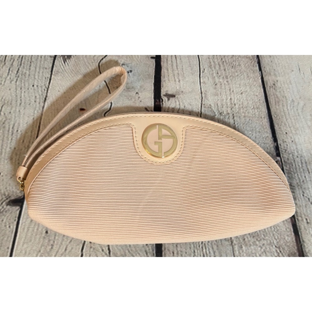 Giorgio Armani Beauty Ribbed Wristlet Makeup Bag Champagne Gold GA Logo Clutch